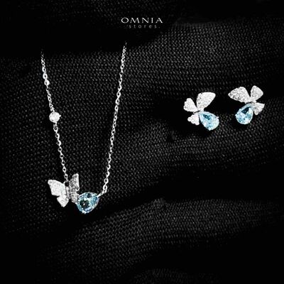 Omnia Nardeen Silver Butterfly Necklace and Earrings Set in 925 Silver with High-Quality Blue Ice Cut Stones