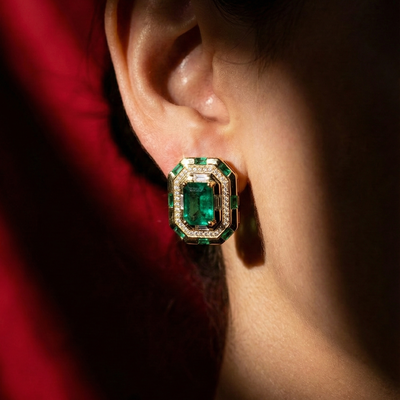 Omnia Zyra Emerald Green Golden Stud Earrings in 925 Silver with High Quality Simulated Diamonds