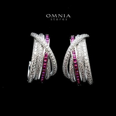 Omnia Tiffany Double Tone Wrap Hoop Earrings with Maroon Zircon in High Quality Rhodium Plated