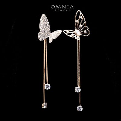Omnia Basma Butterfly Rose Gold Long Drop Earrings in 92.5 Silver With High Zircon Stone