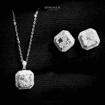 Omnia Hiyam Silver Square Necklace and Earrings Set in 925 Silver with High-Quality White Ice Cut Stones