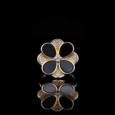 Omnia Hina Ring in Black Agate Stone in High Quality Zircon Stone in Rhodium Plated