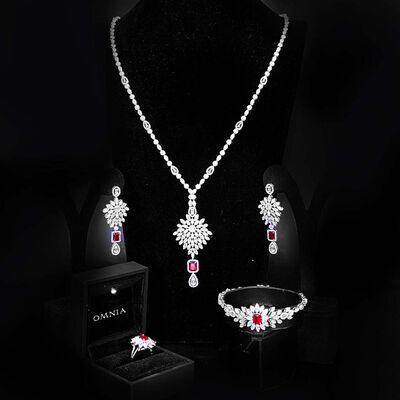 Omnia Duha Red Long Chain Full Set Accessories in High Quality Zircon Stone Rhodium Plated