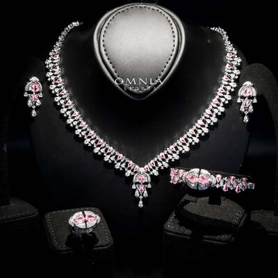 Omnia Rafi Pink Bridal Full Set with Elegant Pink and White Simulated Diamonds in High-Quality Rhodium Plated Finish (only available in KSA)