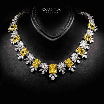 Omnia Charlotte Yellow Luxry Bridal Full Set with Emerald and Pear-Cut High-Quality Simulated Diamonds Rhodium Plated