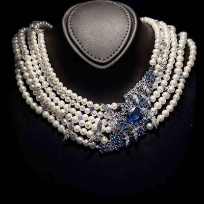 Omnia Blue Butterfly Pearl Necklace in 92.5 Silver with High Quality Simulated Diamonds
