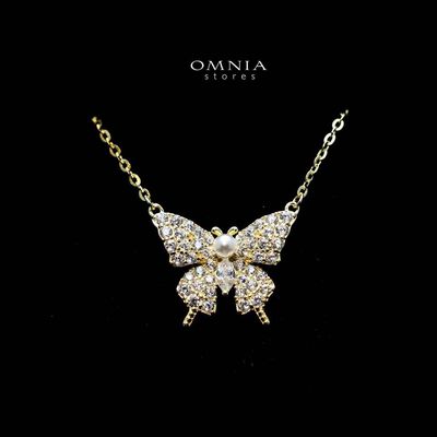 Omnia Sara Butterfly Necklace with High Quality Iced Cut Stone and Pearl in 92.5 Silver