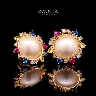 Omnia Serena White Mabel Pearl Halo Stud Earrings with Multi-Color Zircon Accents in Brass with Gold Plated Finish