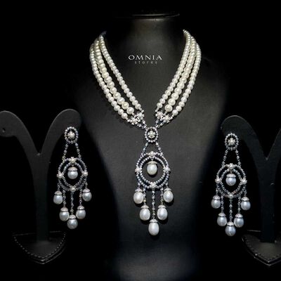 Omnia Amal Fresh Real Water Pearl Set in 92.5 Silver High Quality Simulated diamonds