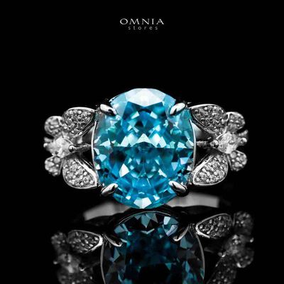 Omnia Maysun Baby Blue Oval Ring in 92.5 Silver with High Quality Simulated Diamonds