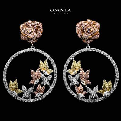 Omnia Iris Flower Design Round Multi Color Earrings in 925 Silver with High-Quality Simulated Diamonds