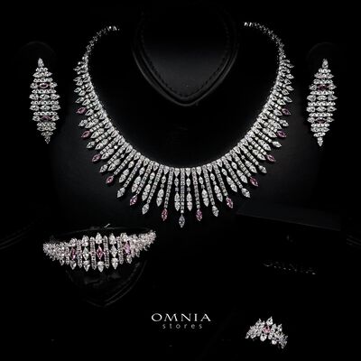 Omnia Lana Pink Bridal Full Set in High Quality Zircon Stone Rhodium Plated