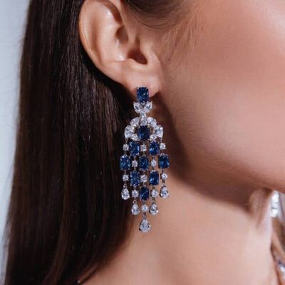 Omnia Israa Blue Chandelier Earrings In 92.5 Silver High Quality Simulated diamonds