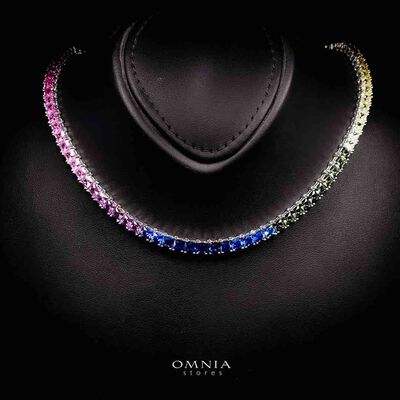 Omnia Zaha Rainbow Silver Tennis Necklace in 925 Silver With GRC Certifited High Quality Sapphire Lab Grown Stones SQ 4x4mm
