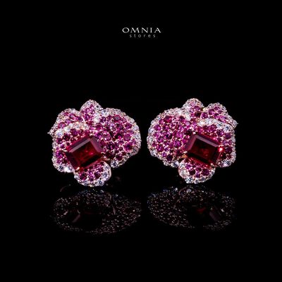 Omnia Masa Floral Earrings with Pink Emerald-Cut Stones in 92.5 Silver with High-Quality Simulated Diamonds