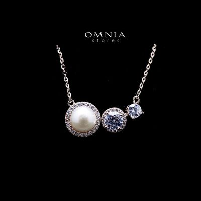 Omnia Dalal Rose Gold Pearl Trio Necklace with Iced Cut Stones in High Quality 92.5 Silver