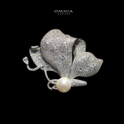 Omnia Graceful Bloom Real Freshwater Pearl Brooch in 92.5 Silver with High Quality Simulated Diamonds