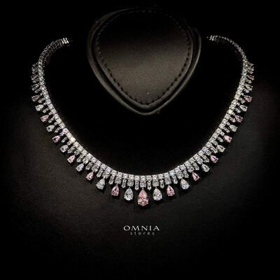Omnia Nisrine Pink Bridal Full Set in High Quality Zircon Stone in Rhodium Plated