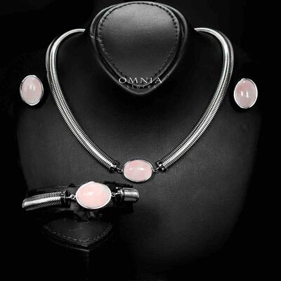 Omnia Naqiyah Silver Color Necklace,Bracelet and Earrings Set in High-Quality 8mm Stainless Steel with Pink Stone