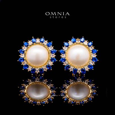 Omnia Celeste White Mabel Pearl Halo Stud Earrings with Blue Sapphire Accents in Brass with Gold Plated Finish