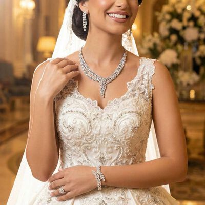 Omnia Yasira Leaf-Design White Luxury Bridal Full Set in High Quality Zircon Stone Rhodium Plated