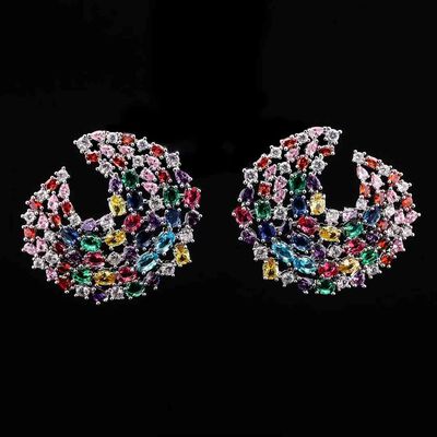 Omnia Mariam Multi-Colored Crescent Hoop Earrings with High-Quality Zircon Stones in Rhodium-Plated Finish