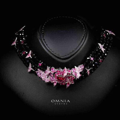 Omnia Blossom Black Beads Necklace in 925 Silver with High Quality Simulated Diamonds
