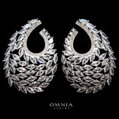 Omnia Sultana White Teardrop Hoop Earrings In High Quality Zircon Stone Rhodium Plated