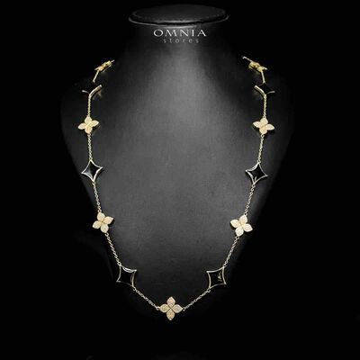 Omnia Golden Clove Black Long Chain Full Set with High-Quality Simulated Diamonds 18k Gold Plated 100cm
