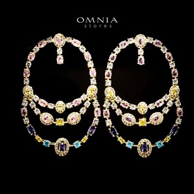 Omnia Laila Layered Earrings with Multicolor Zircon in High Quality Rhodium Plated