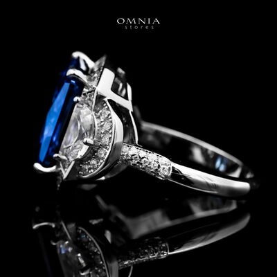 Omnia Sadeen Emerald Cut Sapphire Blue Ring in 92.5 Silver with High Quality Simulated Diamonds