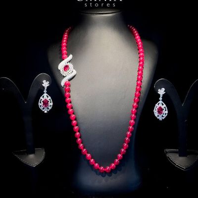 Omnia Irim Red Long Chain Set in High Quality Real Beads 92.5 Pure Silver Rhodium Plated