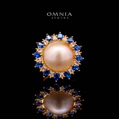 Omnia Celeste White Mabel Pearl Halo Ring with Blue Sapphire Accents in Brass with Gold Plated Finish