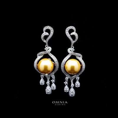 Omnia Amara Yellow Pearl Drop Earrings in 92.5 Silver with High Quality Simulated Diamonds