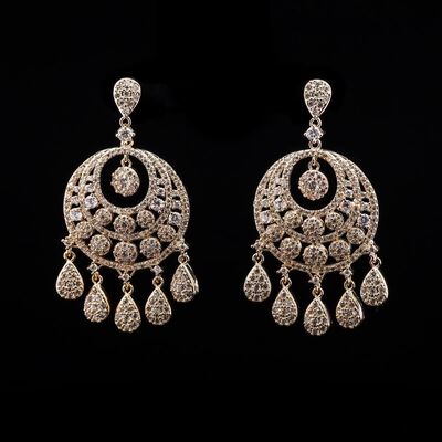 Omnia Crescent Golden Drop Earrings in High-Quality Zircon Stone and Rhodium Plated