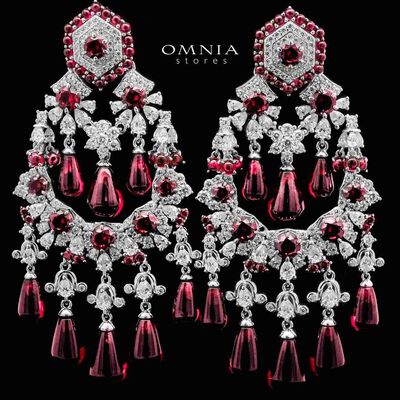 Omnia Nawwar Red and Pink Drop Earrings With High Quality Lab Crafted Diamonds In 925 Silver