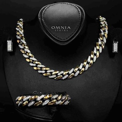 Omnia Khadra Copper Plated Gold Color Necklace,Bracelet and Silver Color Earrings Set in High-Quality 12mm Stainless Steel