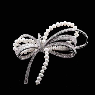 Omnia Elegant Bow Pearl Brooch in 92.5 Silver with High-Quality Simulated Diamonds