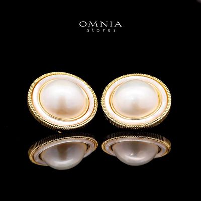 Omnia Leona White Mabel Pearl Classic Stud Earrings with Textured Beaded Frame in Brass with Gold Plated Finish