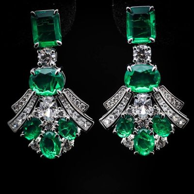 Omnia Karina Green Mixed-Cut Drop Earrings in 92.5 Silver with High Quality Simulated Diamonds