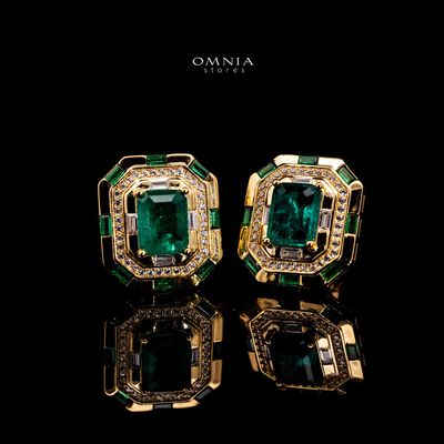 Omnia Zyra Emerald Green Golden Stud Earrings in 925 Silver with High Quality Simulated Diamonds