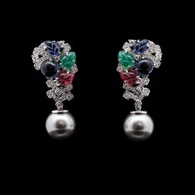 Omnia Amira Multicolor Floral Design Pearl Drop Earrings in 92.5 Silver with High-Quality Simulated Diamonds