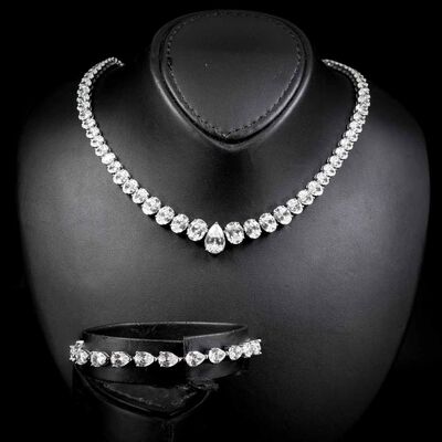Omnia Durrah Necklace and Bracelet Set 925 Silver in High Quality White Simulated Diamonds Stones