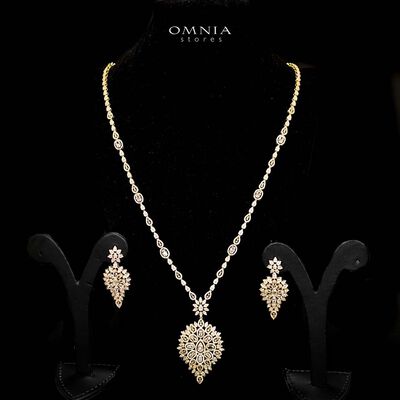 Omnia Hasmaa Golden Bridal Long chain Set In Rhodium Plated with High Quality Zircon Stone