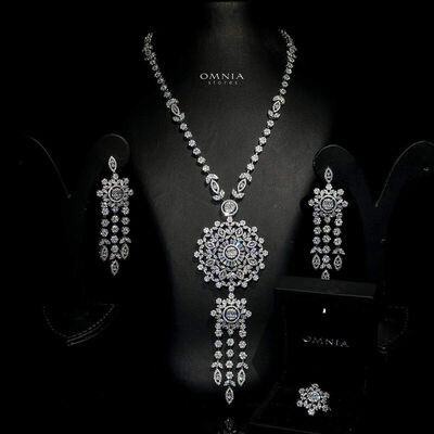 Omnia Mansour Long chain Set Accessories High Quality Zircon Stone In Rhodium Plated (only available in KSA)