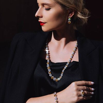 Omnia Sovana Long Chain Set in 92.5 Pure Silver Set High Quality Zircon Stone in Rhodium Plated