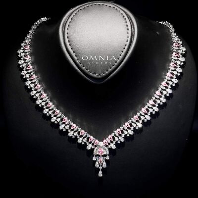 Omnia Rafi Pink Bridal Full Set with Elegant Pink and White Simulated Diamonds in High-Quality Rhodium Plated Finish (only available in KSA)