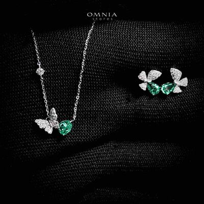 Omnia Nardeen Silver Butterfly Necklace and Earrings Set in 925 Silver with High-Quality Green Ice Cut Stones