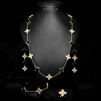 Omnia Golden Clove Black Long Chain Full Set with High-Quality Simulated Diamonds 18k Gold Plated 100cm
