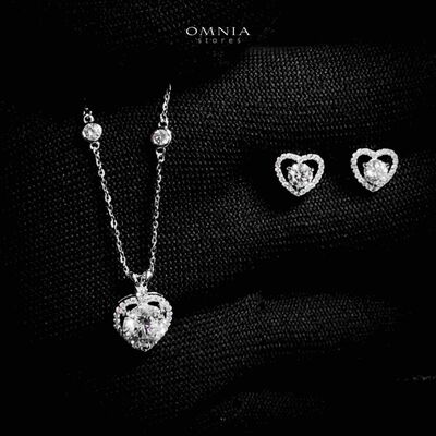Omnia Tamima Silver Heart Shape Necklace and Earrings Set in 925 Silver with High-Quality White Moissanite Stones